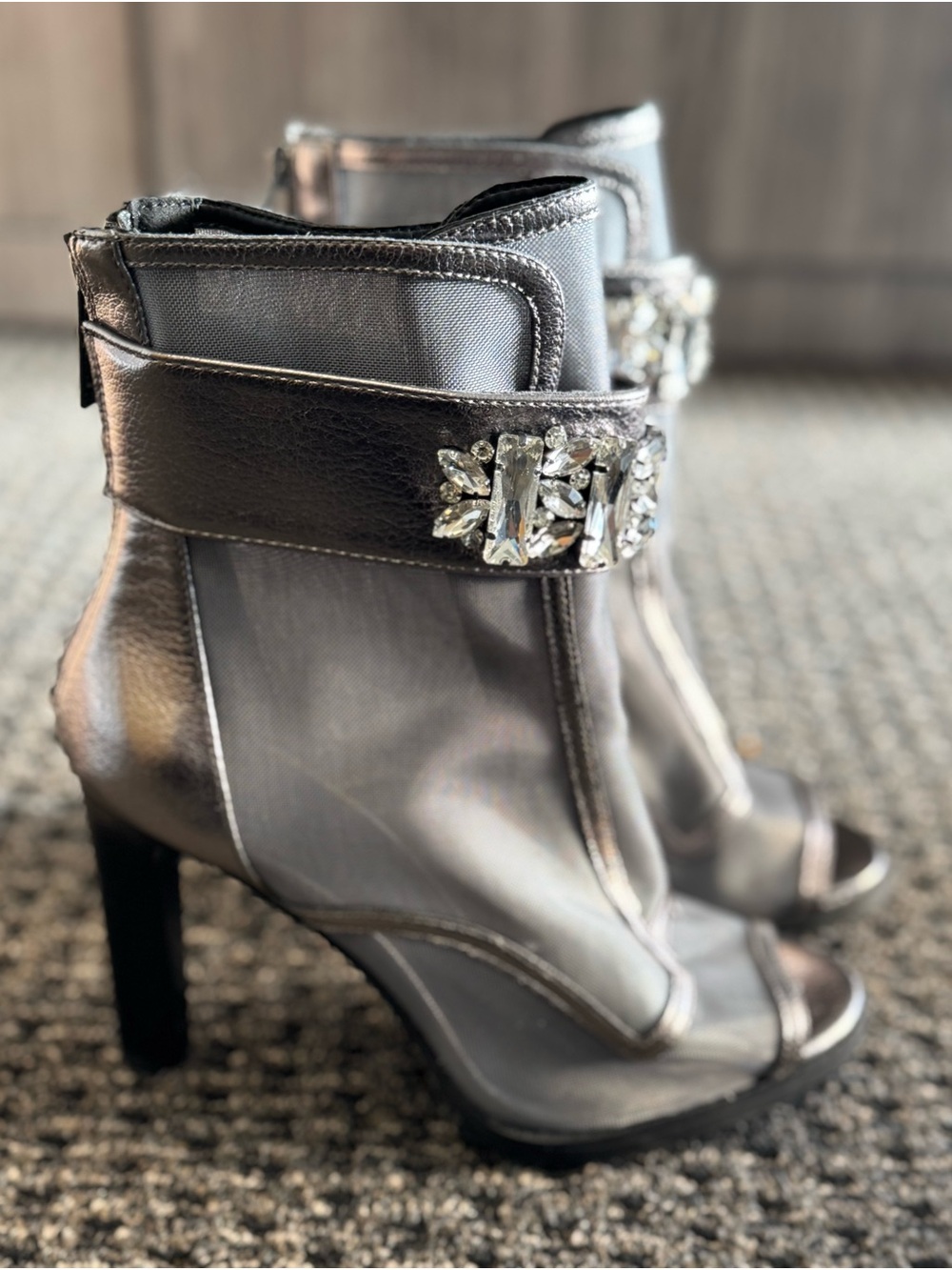 Size 8.5 Karl Lagerfeld Silver Mesh Peep-Toe Ankle Booties with Crystal Accent